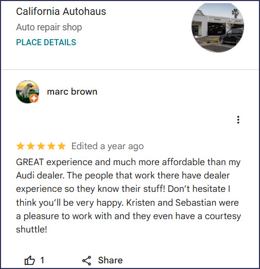 Review of California Autohaus By marc brown
