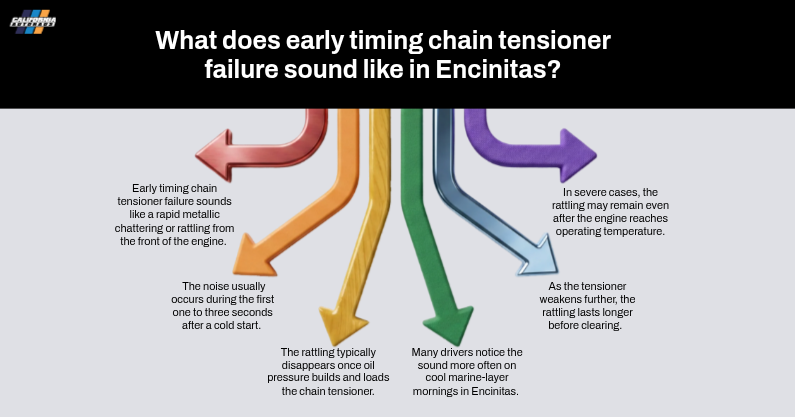 What does early timing chain tensioner failure sound like in Encinitas
